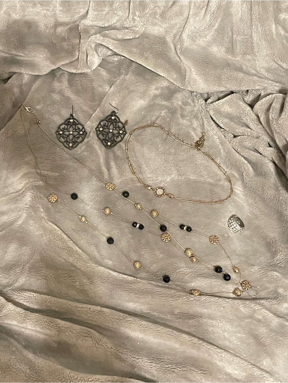 Gold and Black Beaded Layered Necklace with another gold necklace & Earrings Set